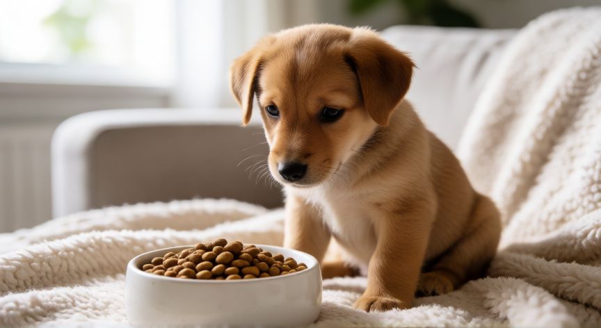 cuidados de un cachorro de 3 meses, Cachorro joven comiendo su comida en el suelo de la casa
