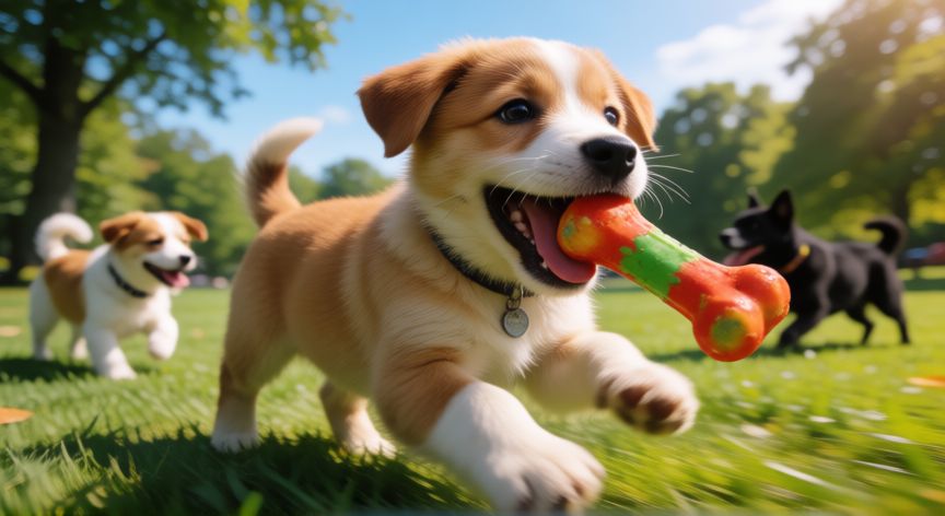 cuidados de un cachorro de 3 meses, Cachorro jugando activamente en un parque soleado
