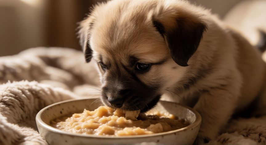 cuidados de un cachorro de 45 dias, Cachorro pequeño comiendo papilla de comida húmeda en un plato