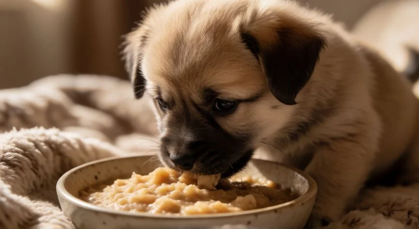 Cachorro pequeño comiendo papilla de comida húmeda en un plato