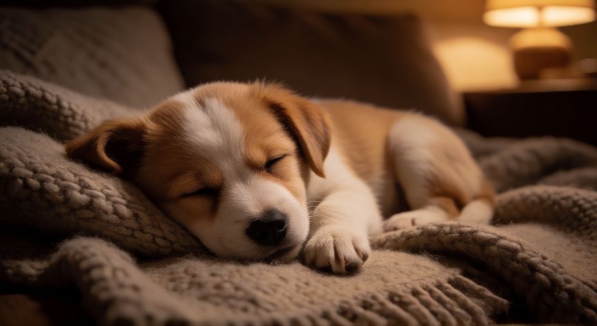cuidados de un cachorro de 45 dias, Cachorro durmiendo tranquilamente sobre una manta de lana suave