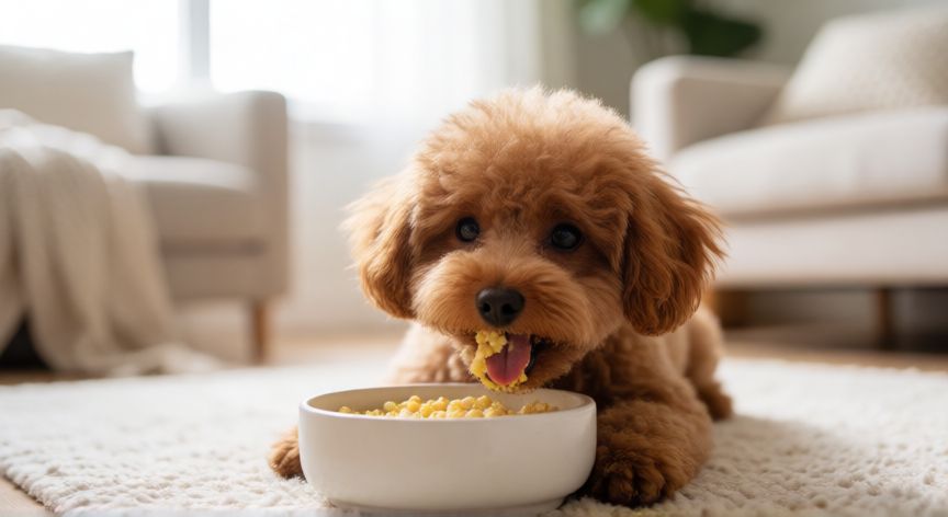 cuidados de un cachorro french poodle, Cachorro de French Poodle comiendo su alimento en casa