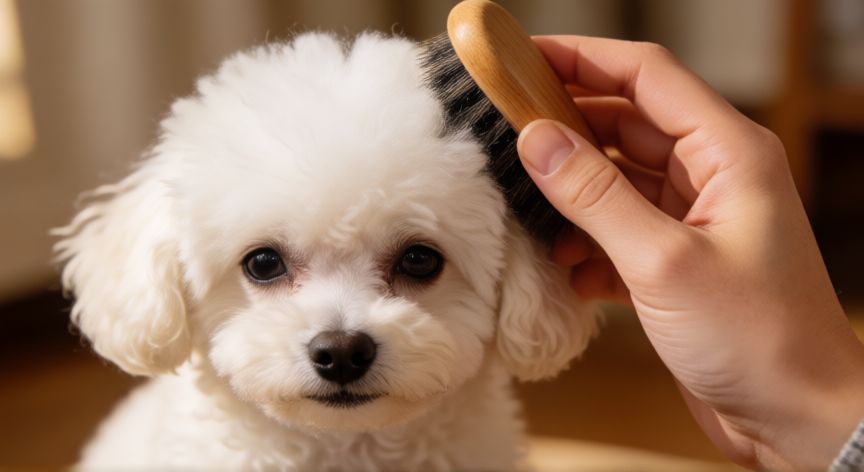 cuidados de un cachorro french poodle, Cachorro de French Poodle siendo cepillado con cuidado