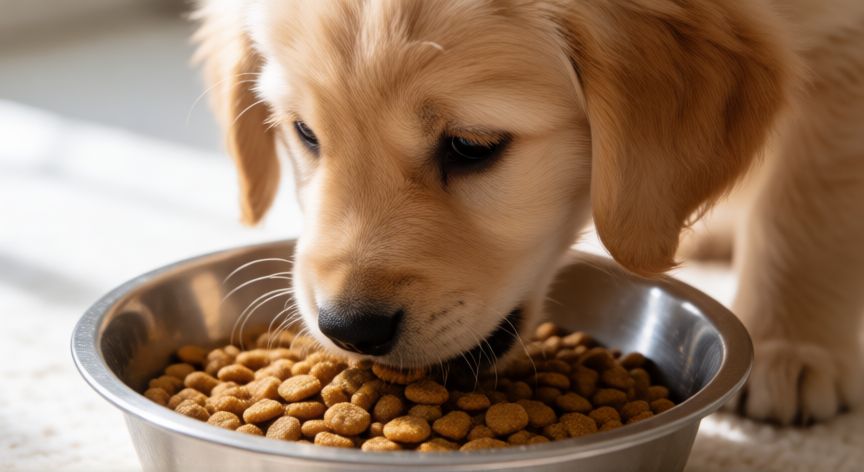cuidados de un cachorro golden, Cachorro Golden Retriever comiendo de su cuenco
