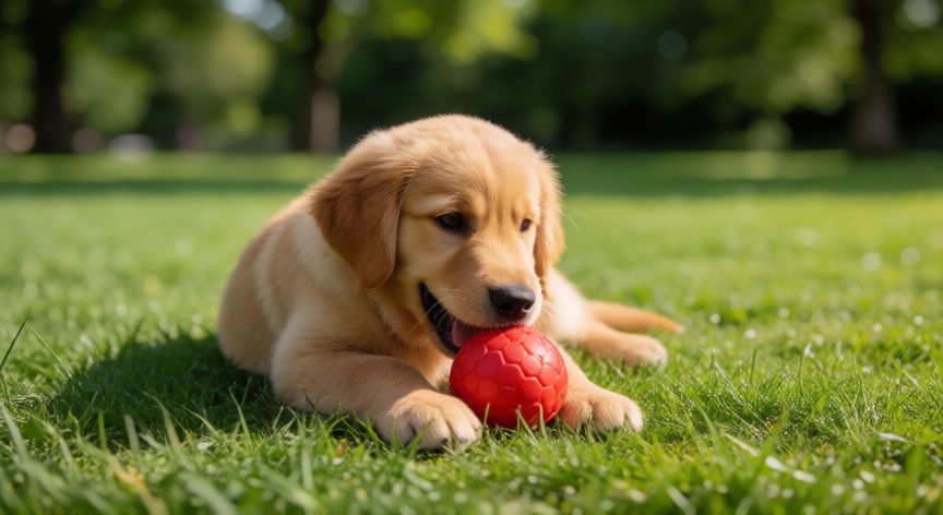 cuidados de un cachorro golden, Cachorro Golden jugando con una pelota en el parque