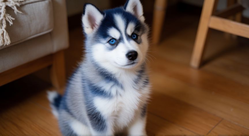 cuidados de un cachorro husky siberiano, Cachorro de Husky Siberiano con ojos azules sobre suelo de madera