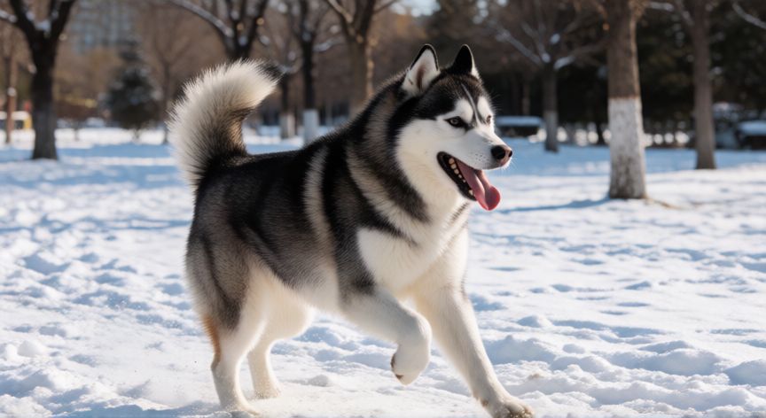 cuidados de un cachorro husky siberiano, Husky Siberiano corriendo en un parque nevado con pelaje espeso