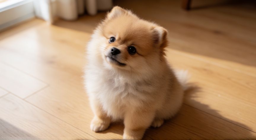 cuidados de un cachorro pomerania, Cachorro de Pomerania sentado en el suelo con mirada atenta