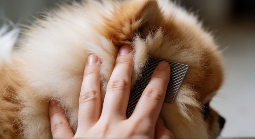 cuidados de un cachorro pomerania, Detalle de un cepillado profundo en el doble pelaje de un Pomerania