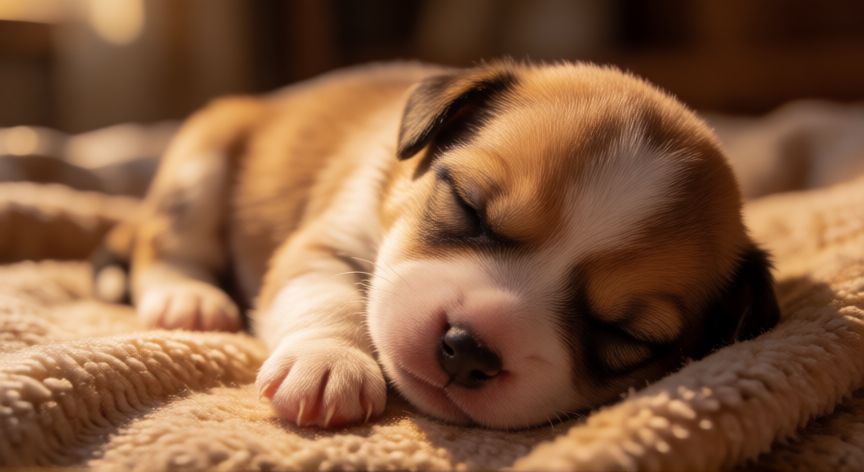 cuidados de un cachorro recién nacido, Cachorro recién nacido durmiendo sobre mantas suaves