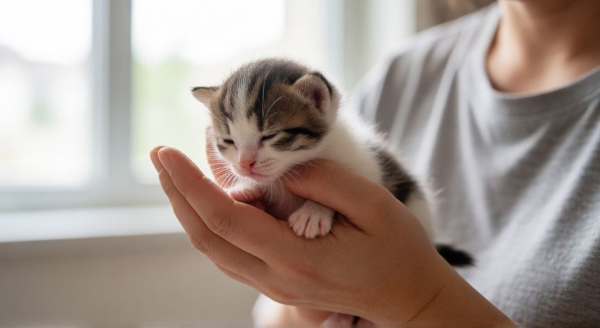 cuidados de un cachorro recién nacido, Manos sosteniendo delicadamente a un gatito recién nacido