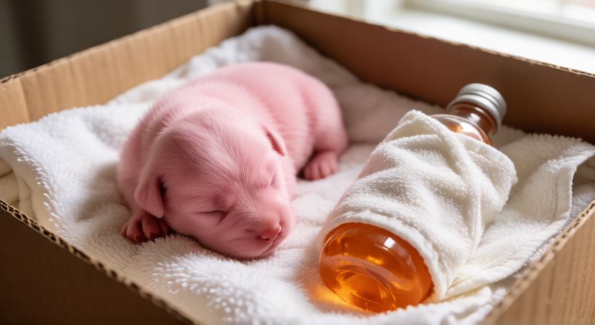 cuidados de un cachorro recien nacido sin madre, Cachorro recién nacido en un corral cálido con mantas y botella de agua