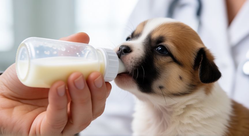 cuidados de un cachorro recien nacido sin madre, Alimentación de un cachorro con biberón de leche sustitutiva en clínica veterinaria