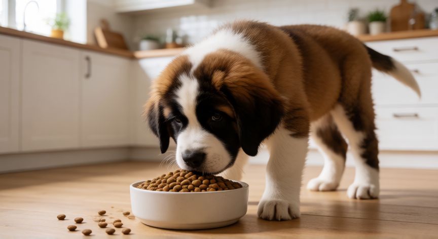 cuidados de un cachorro san bernardo, Cachorro de San Bernardo comiendo pienso para razas gigantes