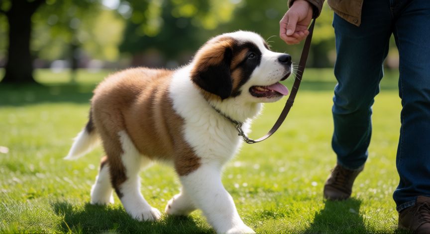 cuidados de un cachorro san bernardo, Paseo tranquilo de cachorro San Bernardo en el parque