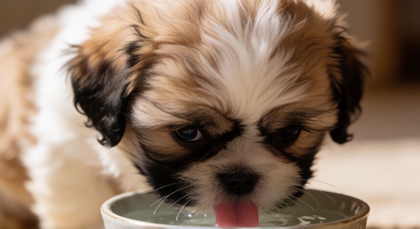 cuidados de un cachorro shih tzu, Cachorro Shih Tzu bebiendo agua de un cuenco pequeño