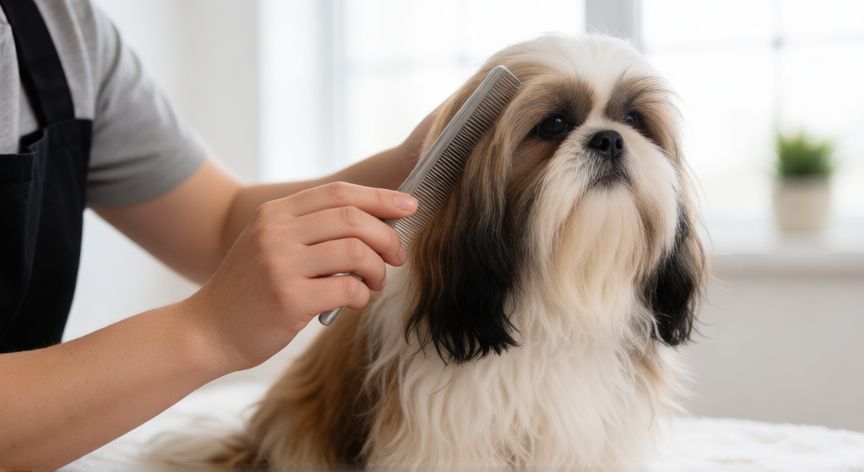 cuidados de un cachorro shih tzu, Persona cepillando el pelo largo de un cachorro Shih Tzu con un peine fino
