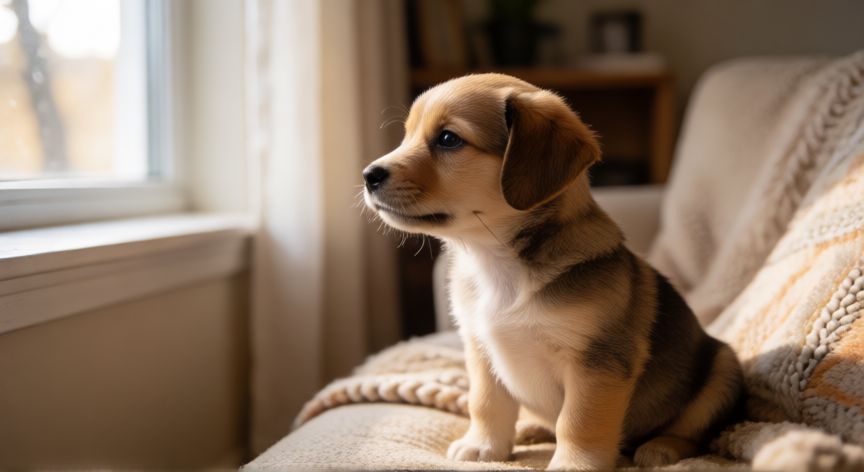 cuidados de un cachorro sin vacunar, Cachorro mirando por la ventana desde la seguridad de su hogar