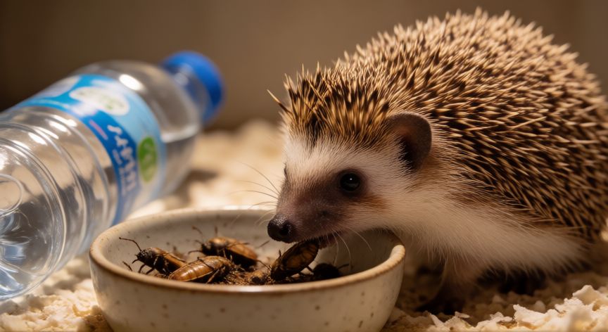 cuidados de un erizo mascota, Erizo comiendo insectos de un cuenco de cerámica en su jaula