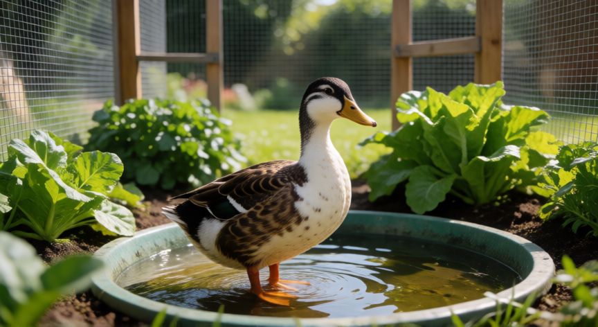 cuidados de un pato mascota, Pato doméstico en su recinto con verduras frescas y agua limpia