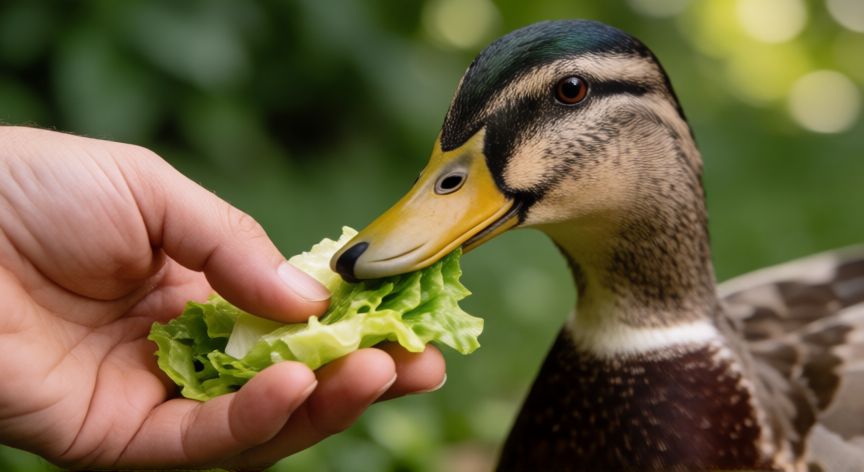 cuidados de un pato mascota, Alimentación manual de un pato con lechuga picada en el jardín