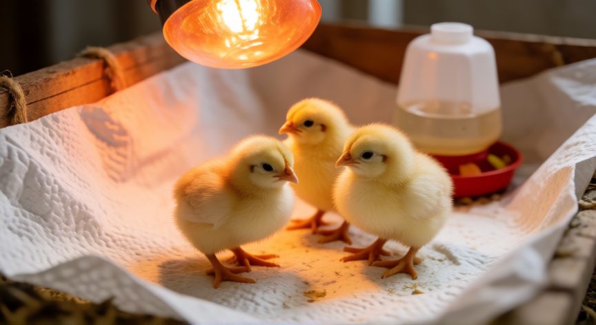 cuidados de un pollito mascota, Pollitos en un brooder con lámpara de calor y sustrato limpio