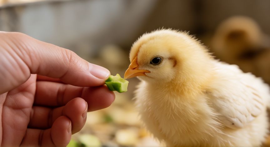 cuidados de un pollito mascota, Mano humana ofreciendo verdura picada a un pollito mascota