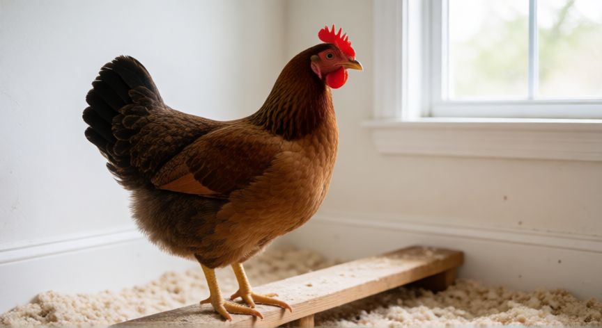 cuidados de una gallina mascota, Gallina mascota en una jaula amplia con perchas de madera