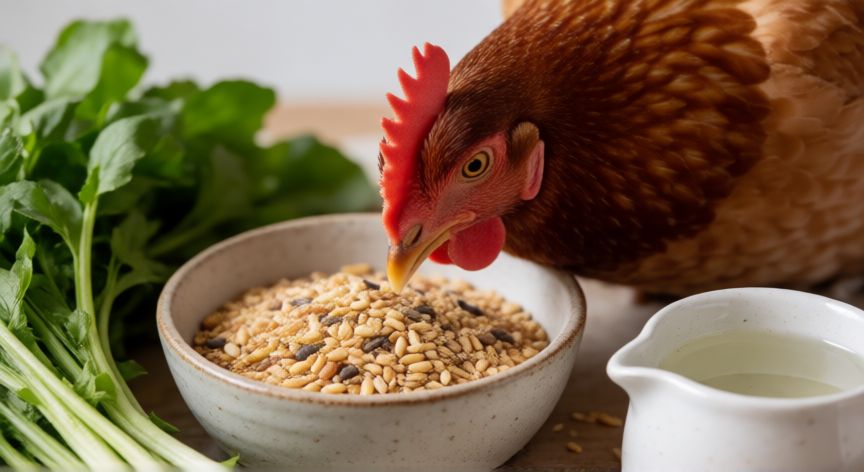 cuidados de una gallina mascota, Gallina comiendo pienso balanceado y verduras frescas