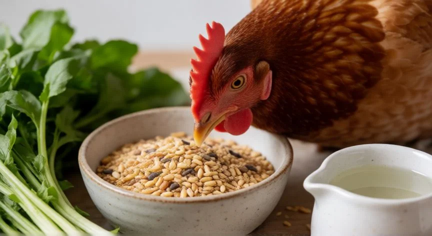 cuidados de una gallina mascota, Gallina comiendo pienso balanceado y verduras frescas