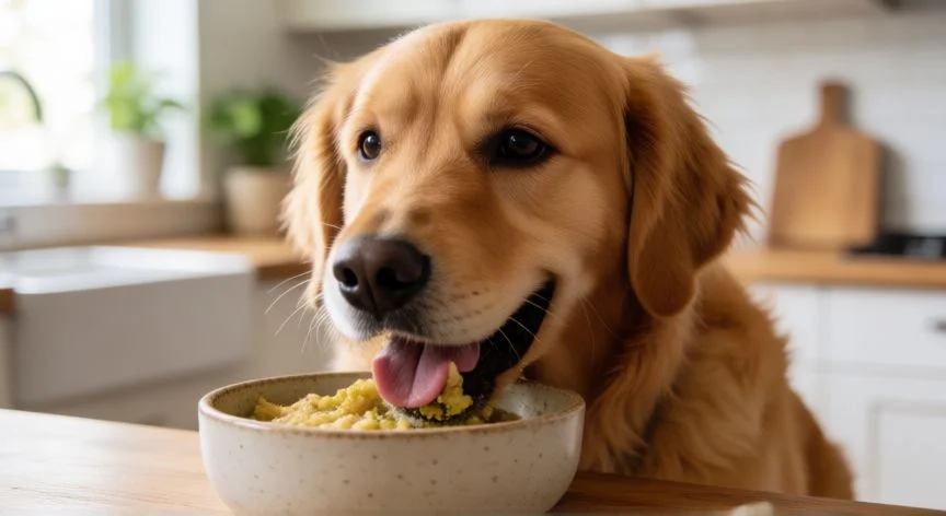 Perro feliz comiendo de un cuenco en una cocina luminosa