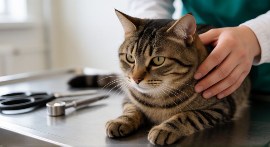 cuidados de una mascota, Veterinario revisando a un gato en una clínica veterinaria