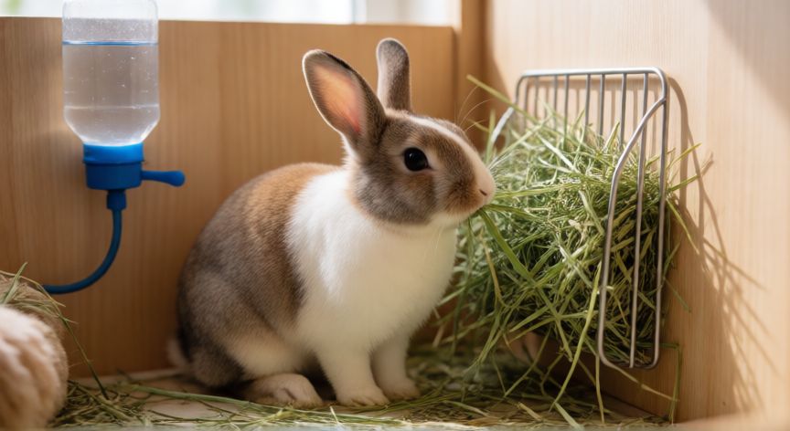 cuidados de una mascota conejo, Conejo doméstico comiendo heno fresco en su habitáculo