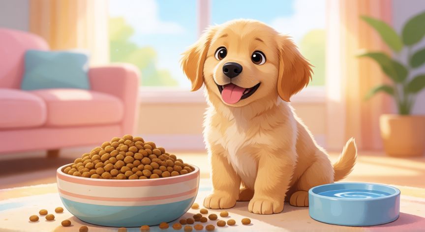 cuidados de una mascota dibujos, Perrito feliz comiendo con su plato lleno