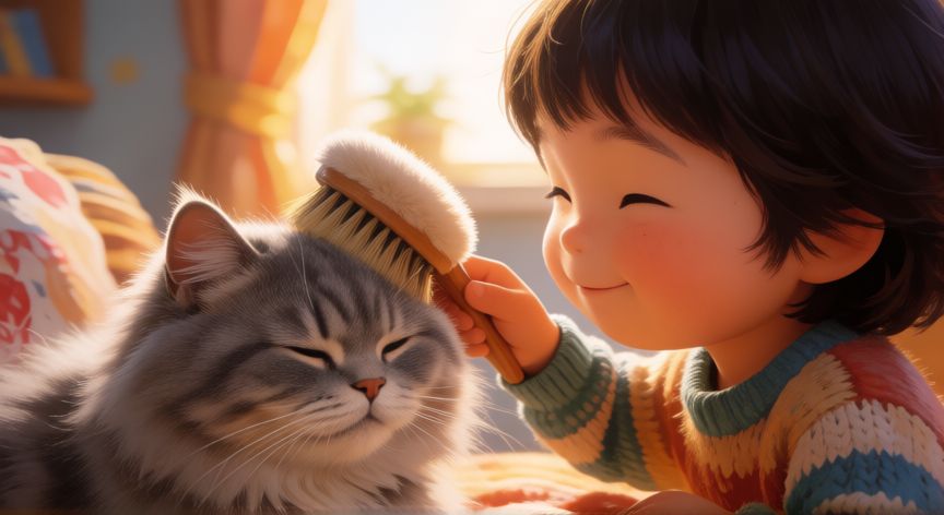 cuidados de una mascota dibujos, Niño cepillando a un gato con cariño y suavidad