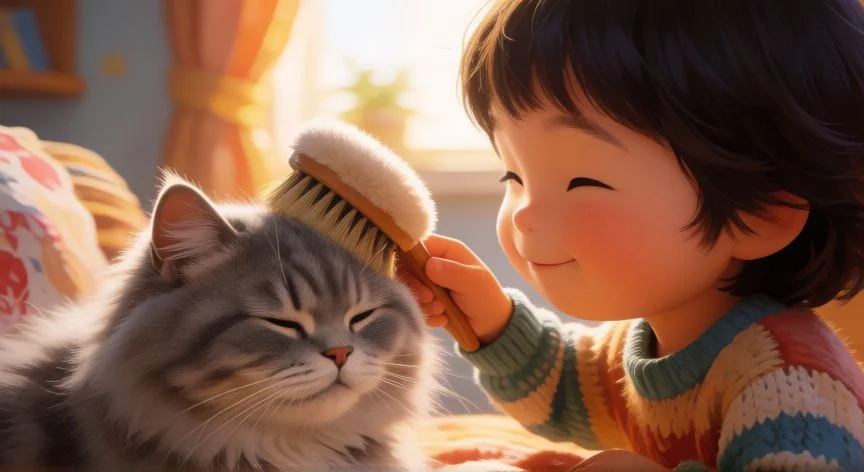 cuidados de una mascota dibujos, Niño cepillando a un gato con cariño y suavidad