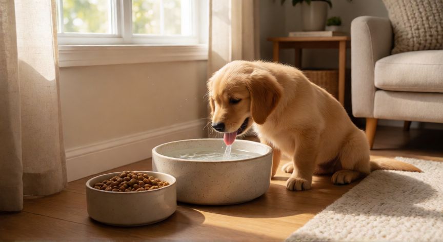 cuidados de una mascota en casa, Perro bebiendo agua en un cuenco limpio en una sala de estar iluminada