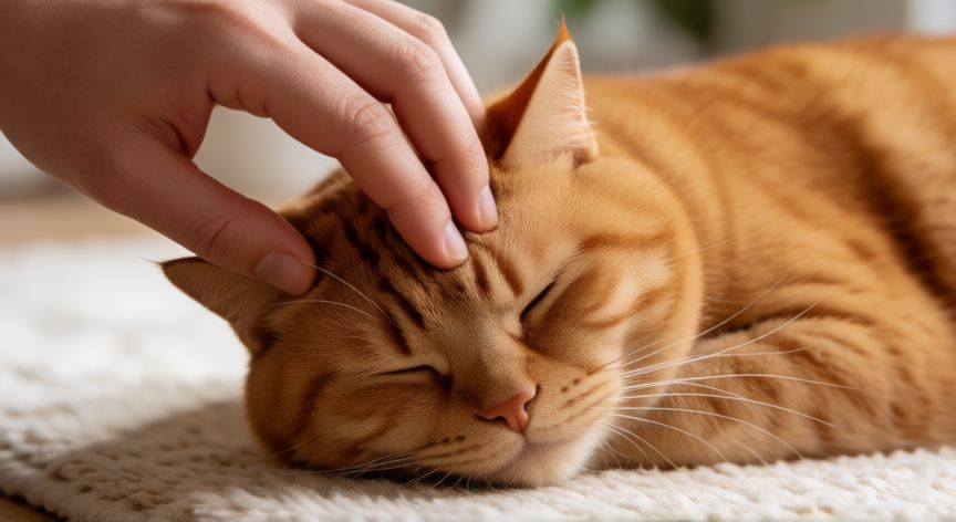 cuidados de una mascota en casa, Gato naranja relajado siendo acariciado en un entorno seguro y limpio