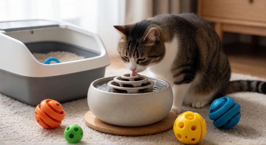 cuidados de una mascota gato, Gato bebiendo agua de una fuente con juguetes y arenero limpio al fondo