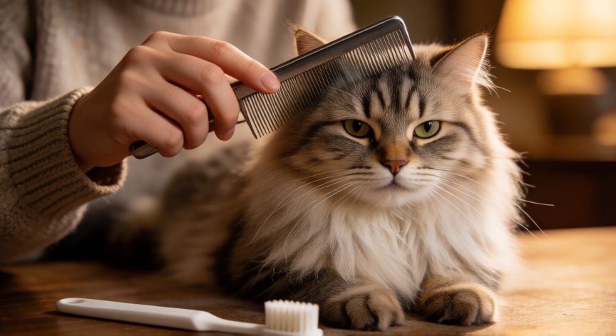 cuidados de una mascota gato, Persona cepillando el pelaje de un gato y cuidando su higiene dental