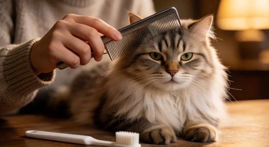 cuidados de una mascota gato, Persona cepillando el pelaje de un gato y cuidando su higiene dental