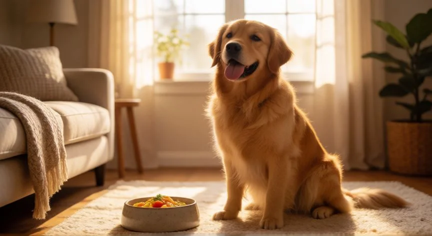 Perro feliz en su entorno hogareño con cuencos de comida