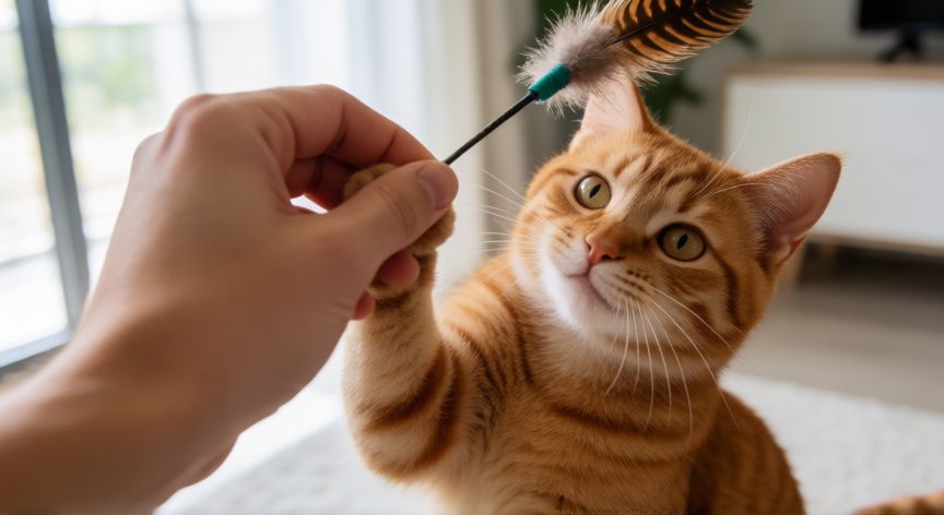 cuidados de una mascota imagenes, Juego interactivo entre dueño y gato naranja