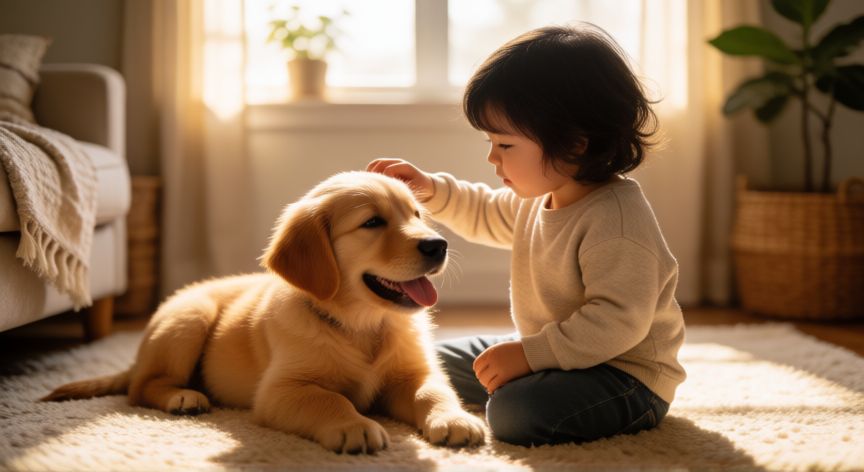 cuidados de una mascota para niños, Niño acariciando suavemente a un cachorro de perro dorado en el salón