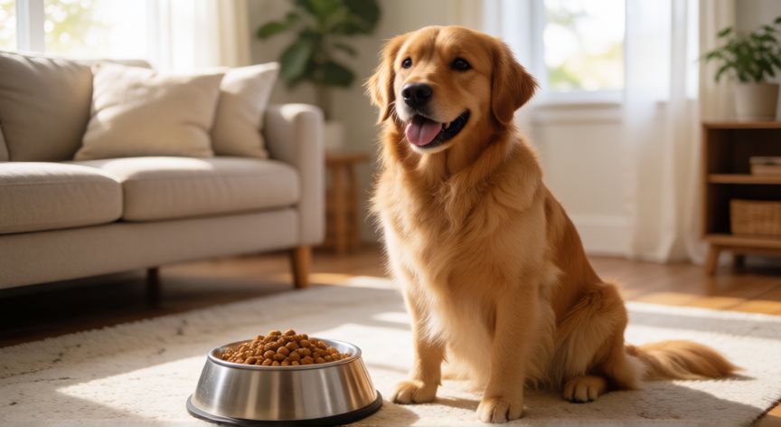cuidados de una mascota perro, Perro dorado en una sala de estar con cuencos de agua y comida