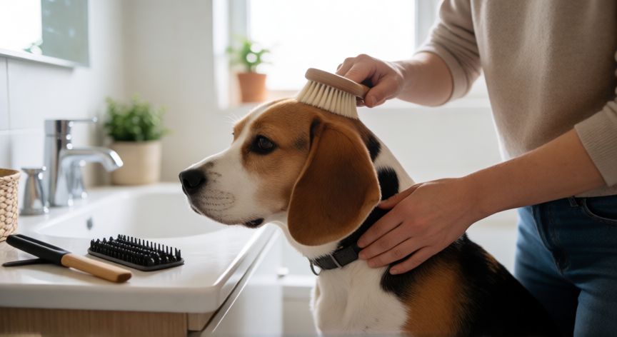 cuidados de una mascota perro, Persona cepillando a un perro beagle en un baño iluminado