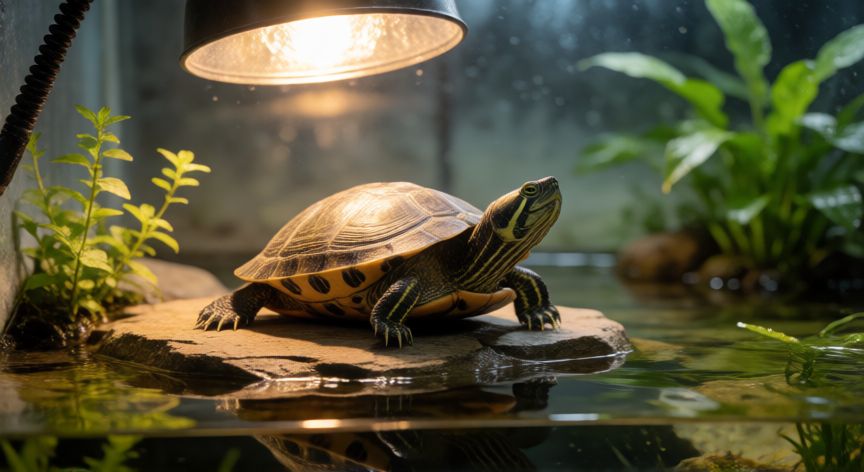 cuidados de una mascota tortuga, Tortuga tomando el sol bajo una lampara de calor en su terrario