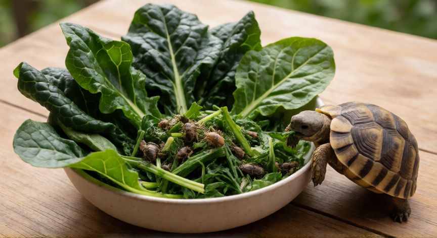 cuidados de una mascota tortuga, Bowl con verduras de hoja oscura e insectos vivos para alimentar a la tortuga