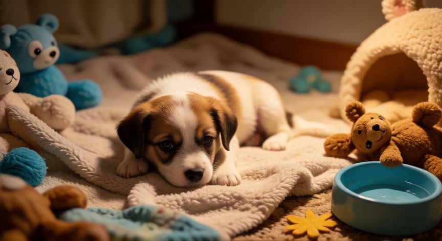 cuidados del cachorro, Cachorro descansando en su zona segura con juguetes y agua