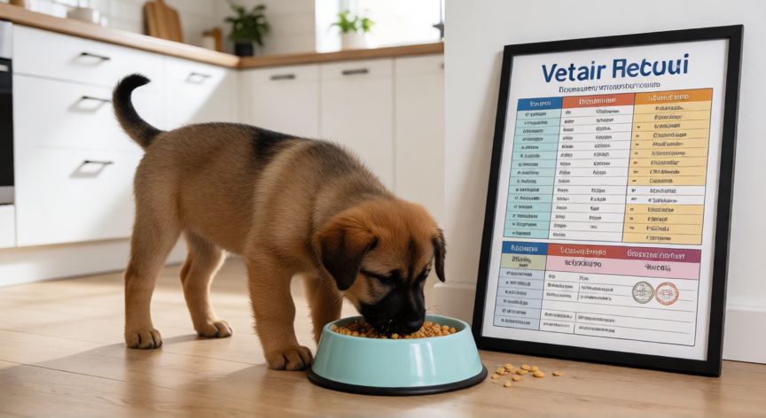 cuidados del cachorro, Cachorro comiendo cerca de un recordatorio de vacunas veterinarias